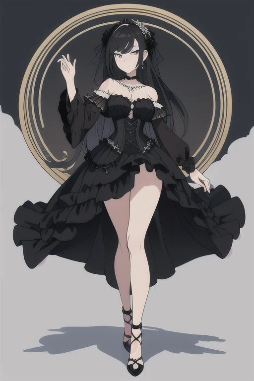 masterpiece, best quality, solo woman, Black wedding dress, corset top, heavy detailing, high-lo dress, long train, off shoulder, embroidery detailing, beading, goth chic wedding dress, all black dress, full body portrait, legs showing, high-low dress, open front showing legs