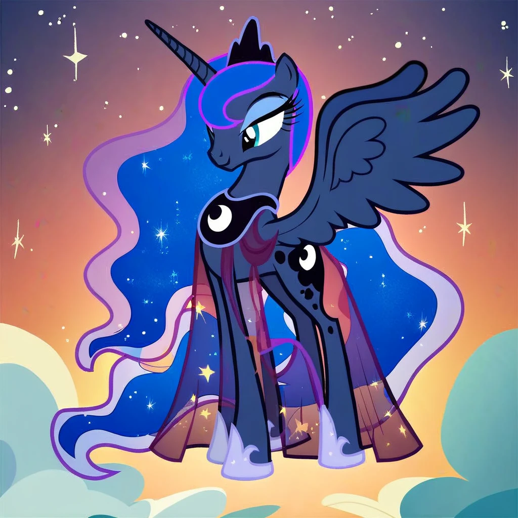 score_9, score_8_up, score_7_up, score_6_up, score_5_up, score_4_up, Princess Luna, cosmic, show accurate wearing a black see through dress