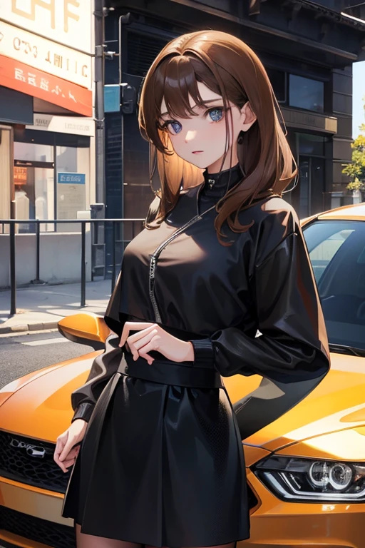 A girl with light brown hair, blue eyes, black clothes, black skirt, posed in a car