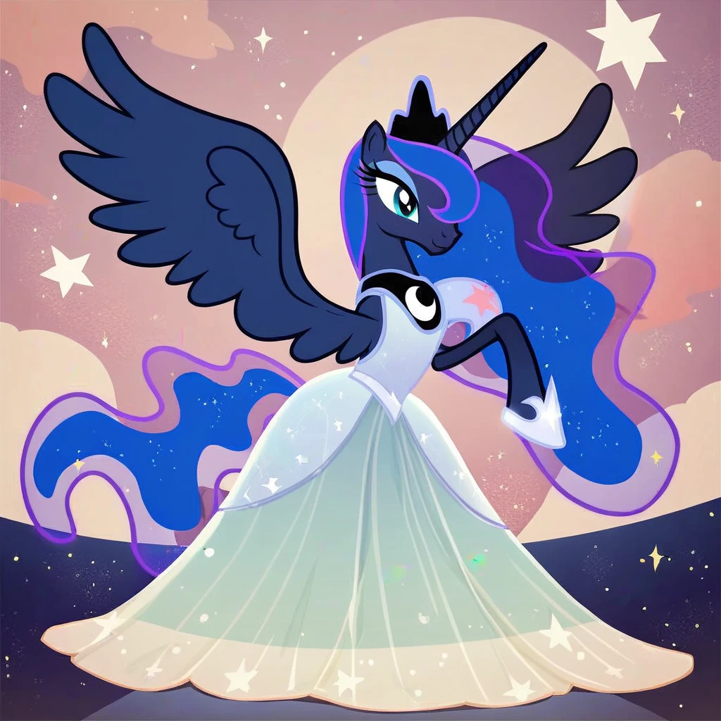 score_9, score_8_up, score_7_up, score_6_up, score_5_up, score_4_up, Princess Luna, cosmic, show accurate wearing a black see through dress