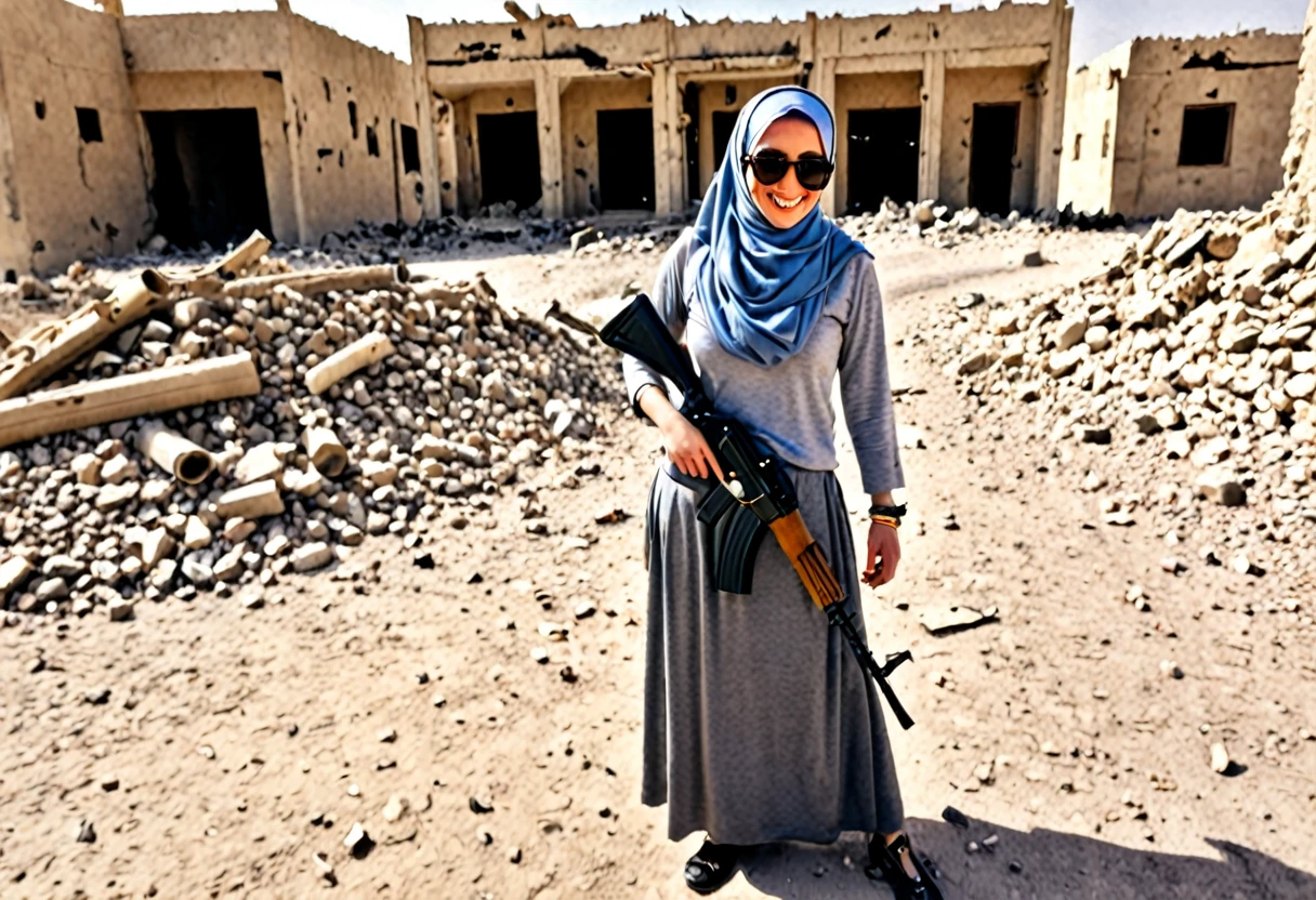 Pale skin Kurdish sunglasses woman in hijab standing in demolished street desert bracelet holding ak 47 rifle smiling