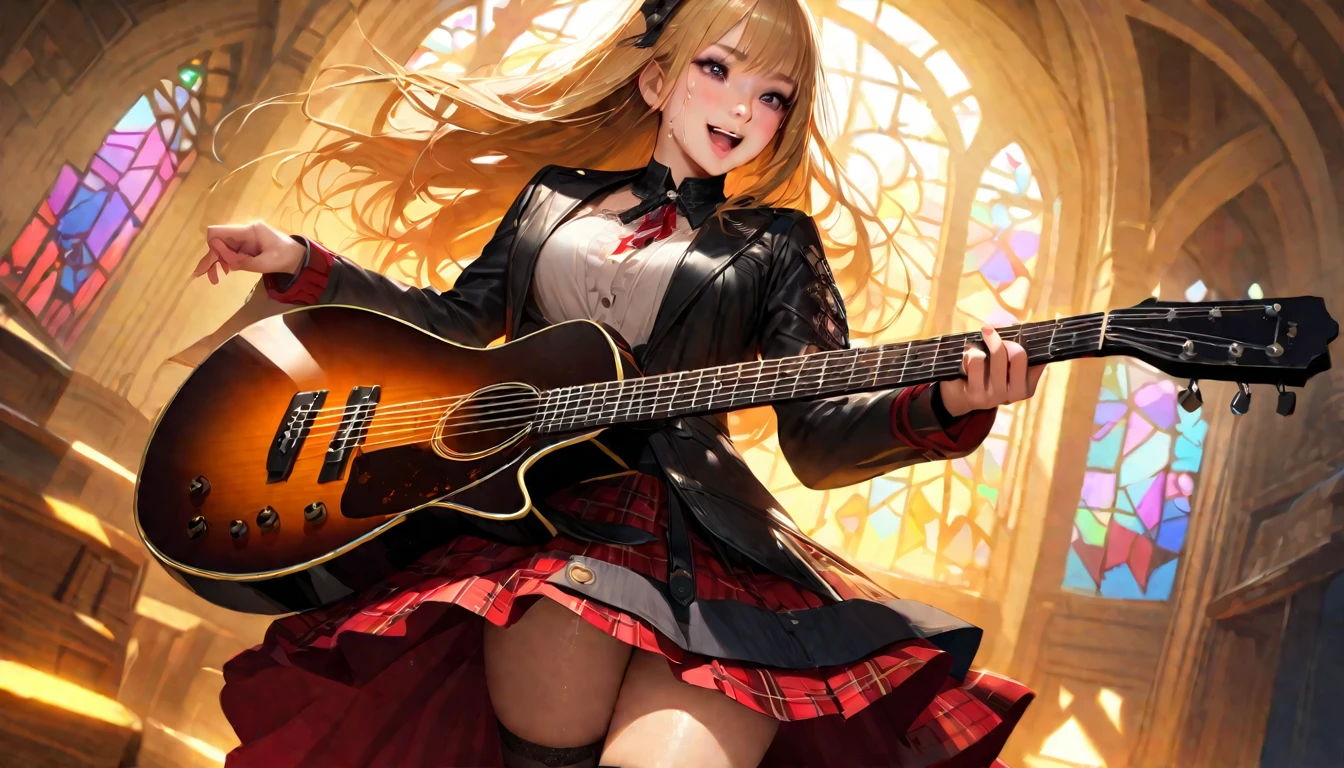((masterpiece、top quality、Super detailed、A high resolution、realistic、sharp focus))、laser for high school girls、 uniform、Red plaid knee-length skirt、long skirt、Jay Kay Style、jacket、smile、knee socks、Thigh High Socks、Tights、Magnificent beauty、super cute、yearning、Rare beauty、Black dark eyeshadow、Good skin glow、Long hair straightener、Dark gothic makeup、Темная smile、Fragrant beauty、stained glass background、masterpiece、Best quality、Refers to 5 books、Sweat glistens on my chest、Sweat glistens on my face、、Golden hair、age 19 years、A little thin、The Mysterious Look、Sad expression、Golden hair、Profuse sweating all over the body、Lots of sweat and light on my thighs、Shiny thighs、Profuse sweat glistens on the thighs、A large amount of sweat glistens on my thighs.、Profuse sweating、Fire、Japanese face、enticing expression、thin hips、To play guitar、I have a guitar、Sing a song enthusiastically、To play guitar in a band、To play guitar chords、Living home background、Sing a song、open your mouth、Living home decorations、Mike is standing、Glamorous live scene、dynamic angle、Platform boots、They're standing、Hime cut his hair、Gothloli, Dark, night, shining eyes, black light、completely naked, Фотоrealistic, depth of field, ultra detailed, detailed face, very precise eyes))), dynamic action pose(Masterpiece), (Anime Style), (Super Detailed), (brutal), (uhd, HDR), (8K), (High Resolution: 1.2), (Complex and Beautiful: 1.2), (Dramatic Lighting: 1.2) , (staring at the viewer), lora:add_detail:1, female necromancer, flowing white hair, detailed red eyes,, Фотоrealistic, depth of field, ultra detailed, detailed face, very precise eyes))), dynamic action pose(Masterpiece), (Anime Style), (Super Detailed), (brutal), (uhd, HDR), (8K), (High Resolution: 1.2), (Complex and Beautiful: 1.2), (Dramatic Lighting: 1.2) , (staring at the viewer), lora:add_detail:1, female necromancer, flowing white hair, detailed red eyes, skelet, Tomohiko Ito style
