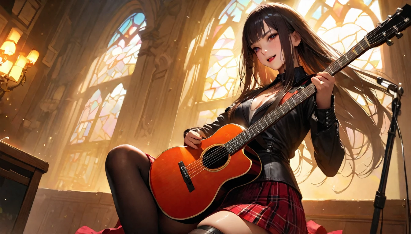 ((masterpiece、top quality、Super detailed、A high resolution、realistic、sharp focus))、laser for high school girls、 uniform、Red plaid knee-length skirt、long skirt、Jay Kay Style、jacket、smile、knee socks、Thigh High Socks、Tights、Magnificent beauty、super cute、yearning、Rare beauty、Black dark eyeshadow、Good skin glow、Long hair straightener、Dark gothic makeup、Темная smile、Fragrant beauty、stained glass background、masterpiece、Best quality、Refers to 5 books、Sweat glistens on my chest、Sweat glistens on my face、、Golden hair、age 19 years、A little thin、The Mysterious Look、Sad expression、Golden hair、Profuse sweating all over the body、Lots of sweat and light on my thighs、Shiny thighs、Profuse sweat glistens on the thighs、A large amount of sweat glistens on my thighs.、Profuse sweating、Fire、Japanese face、enticing expression、thin hips、To play guitar、I have a guitar、Sing a song enthusiastically、To play guitar in a band、To play guitar chords、Living home background、Sing a song、open your mouth、Living home decorations、Mike is standing、Glamorous live scene、dynamic angle、Platform boots、They&#39;re standing、Hime cut his hair、Gothloli, Dark, night, shining eyes, black light、completely naked, Фотоrealistic, depth of field, ultra detailed, detailed face, very precise eyes))), dynamic action pose(Masterpiece), (Anime Style), (Super Detailed), (brutal), (uhd, HDR), (8K), (High Resolution: 1.2), (Complex and Beautiful: 1.2), (Dramatic Lighting: 1.2) , (staring at the viewer), lora:add_detail:1, female necromancer, flowing white hair, detailed red eyes,, Фотоrealistic, depth of field, ultra detailed, detailed face, very precise eyes))), dynamic action pose(Masterpiece), (Anime Style), (Super Detailed), (brutal), (uhd, HDR), (8K), (High Resolution: 1.2), (Complex and Beautiful: 1.2), (Dramatic Lighting: 1.2) , (staring at the viewer), lora:add_detail:1, female necromancer, flowing white hair, detailed red eyes, skelet, Tomohiko Ito style
