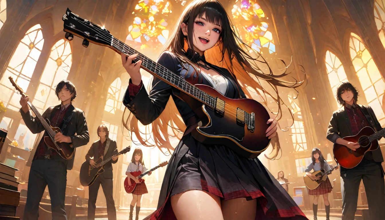 ((masterpiece、top quality、Super detailed、A high resolution、realistic、sharp focus))、laser for high school girls、 uniform、Red plaid knee-length skirt、long skirt、Jay Kay Style、jacket、smile、knee socks、Thigh High Socks、Tights、Magnificent beauty、super cute、yearning、Rare beauty、Black dark eyeshadow、Good skin glow、Long hair straightener、Dark gothic makeup、Темная smile、Fragrant beauty、stained glass background、masterpiece、Best quality、Refers to 5 books、Sweat glistens on my chest、Sweat glistens on my face、、Golden hair、age 19 years、A little thin、The Mysterious Look、Sad expression、Golden hair、Profuse sweating all over the body、Lots of sweat and light on my thighs、Shiny thighs、Profuse sweat glistens on the thighs、A large amount of sweat glistens on my thighs.、Profuse sweating、Fire、Japanese face、enticing expression、thin hips、To play guitar、I have a guitar、Sing a song enthusiastically、To play guitar in a band、To play guitar chords、Living home background、Sing a song、open your mouth、Living home decorations、Mike is standing、Glamorous live scene、dynamic angle、Platform boots、They're standing、Hime cut his hair、Gothloli, Dark, night, shining eyes, black light、completely ?????, Фотоrealistic, depth of field, ultra detailed, detailed face, very precise eyes))), dynamic action pose(Masterpiece), (Anime Style), (Super Detailed), (brutal), (uhd, HDR), (8K), (High Resolution: 1.2), (Complex and Beautiful: 1.2), (Dramatic Lighting: 1.2) , (staring at the viewer), lora:add_detail:1, female necromancer, flowing white hair, detailed red eyes,, Фотоrealistic, depth of field, ultra detailed, detailed face, very precise eyes))), dynamic action pose(Masterpiece), (Anime Style), (Super Detailed), (brutal), (uhd, HDR), (8K), (High Resolution: 1.2), (Complex and Beautiful: 1.2), (Dramatic Lighting: 1.2) , (staring at the viewer), lora:add_detail:1, female necromancer, flowing white hair, detailed red eyes, skelet, Tomohiko Ito style