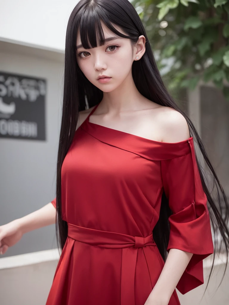 1girl, long straight black hair, straight hair , pale white skin, slightly slanted eyes, red dress, red hanfu, bust up , flat hair bangs, dark theme, an idol, paparazzi photos