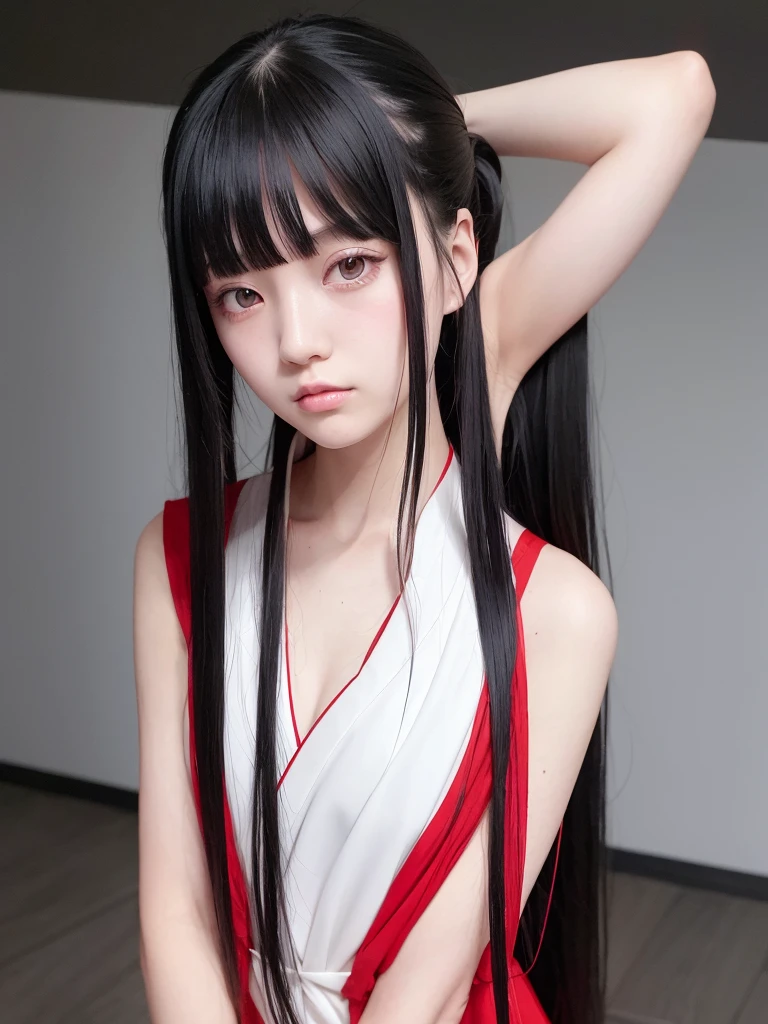 1girl, long straight black hair, straight hair , pale white skin, slightly slanted eyes, red dress, red hanfu, bust up , flat hair bangs, dark theme, an idol, paparazzi photos