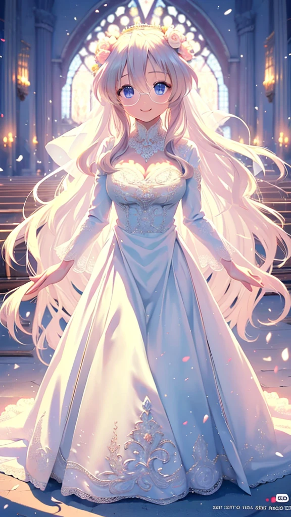 ((highest quality)), ((masterpiece)), (Get used to it), Perfect Face , beautiful girl , white rose , princess wedding dress , miyuki takara, in a church, beautiful smile, beautiful face