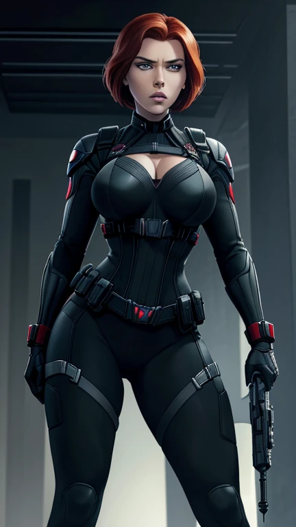 Scarlett Johansson as Black Widow, ((Masterpiece)); ((Natural Beauty)); ((Ultrarealistic green eyes)); both eyes are similar; ((Ultrarealistic fair white skin)); ((Ultrarealistic round boobs)); Deep Cleavage; ((Ultrarealistic red short classic bob haircut hairstyle)); ((Ultrarealistic round Asscheeks)); ((Ultrarealistic widow bite black gloves)); ((Ultrarealistic black widow utility belt)); black and red tactical vest; Bright Red stripe accents on the side of the suit; Short sleeve; looking at the viewer; Heroic Stance: Black Widow stands tall and confident, with her feet shoulder-width apart and hands resting on her hips. Her short hair is neatly styled, and she has a confident, slightly defiant expression on her face. Her posture exudes strength and determination.