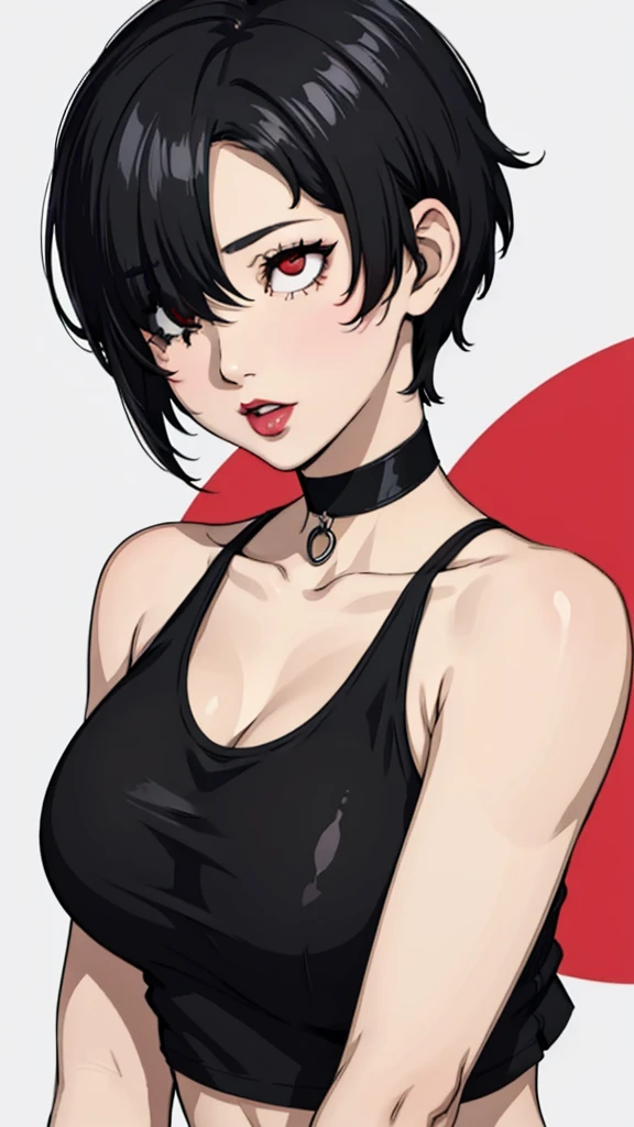 1 girl, milf, Red eyes, very Short hair, hair over one eye, black choker, lipstick, Sheyla face, black hair, tomboy Pixie haircut, tomboy Pixie haircut, tank top, huge breast, face portrait, ahegao face