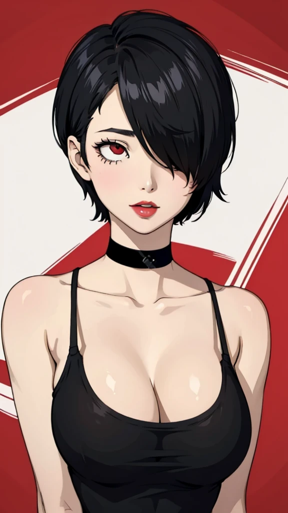 1 girl, milf, Red eyes, very Short hair, hair over one eye, black choker, lipstick, sad, black hair, tomboy Pixie haircut, tomboy Pixie haircut, top, huge breast, portrait 