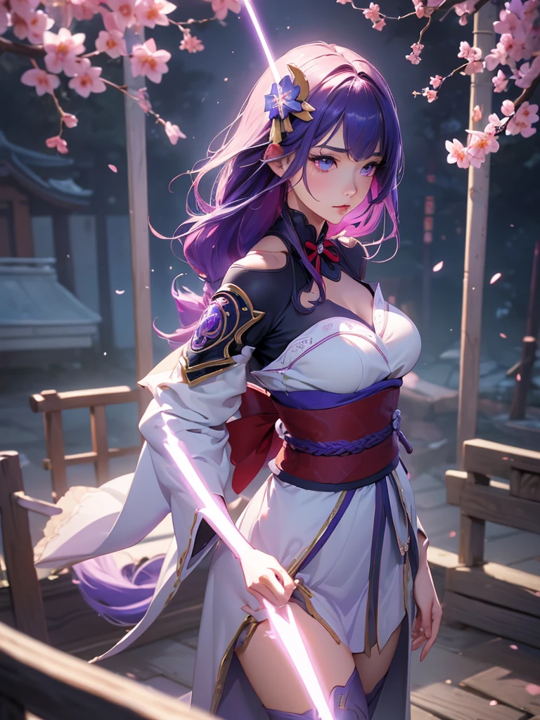 ((Full body image:1.4))Japanese Shrines, (Highest quality，Realistic,masterpiece:1.2，8k wallpaper:1.2)，((Pale skin))，One Girl，women only，((Genshin Impact_Impact，General Raiden))，Lightning Particles，Purple Lightning，Light background，cherry blossoms，Purple Theme，Delicate facial features，Sexy and beautiful anime girls，General Raiden，Long purple hair，Rosy lips，Anime Mouth，shut up.，(Very sad face)，fine grain，Big breast type，
