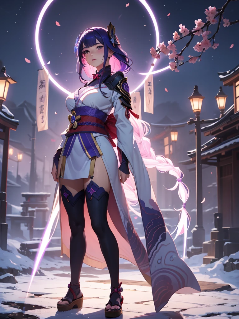 ((Full body image:1.4))Japanese Shrines, (Highest quality,Realistic,masterpiece:1.2,8k wallpaper:1.2),((Pale skin)),One Girl,women only,((Genshin Impact_Impact,General Raiden)),Lightning Particles,Purple Lightning,Light background,cherry blossoms,Purple Theme,Delicate facial features,Sexy and beautiful anime girls,General Raiden,Long purple hair,Rosy lips,Anime Mouth,shut up.,(Very sad face),fine grain,Big breast type,
