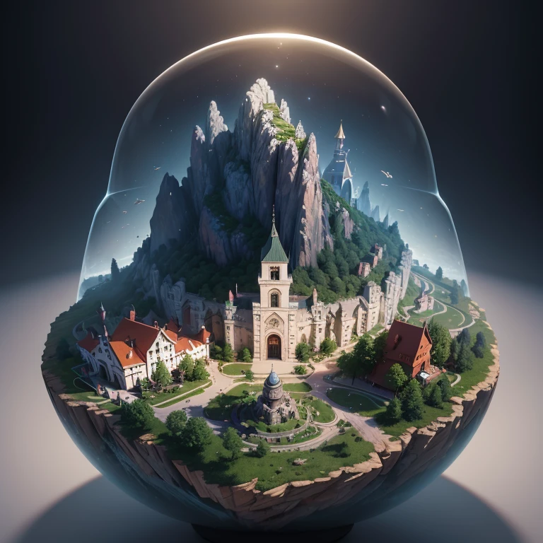  (Isometric 3D),(masterpiece),  (чрезвычайно подробные обои CG Unity 8k), (Best quality), (best illustration), (best shadow),
spicy , small beautiful medieval town, on an island floating in space inside a transparent bubble, Background Cosmos
,Octane render,ray tracing,ultra detailed