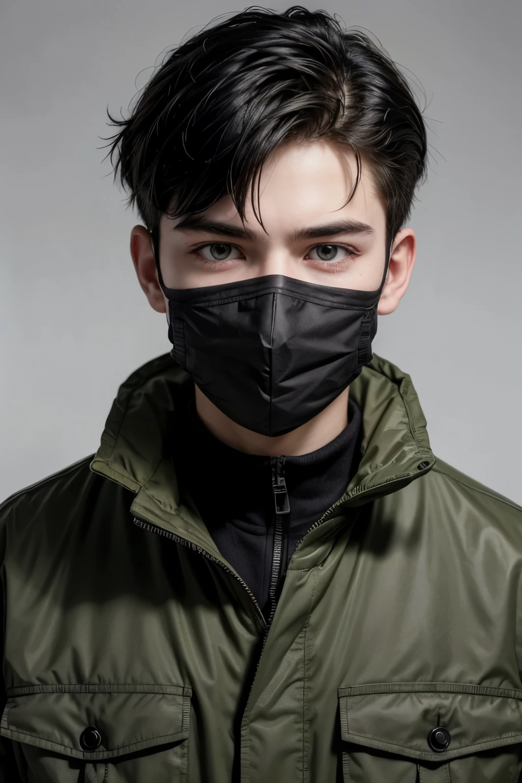 Create a 19 year old boy wearing military outerwear, he has a cold and calculating look on his face, He has short black hair and wears a mask that covers his mouth, and oma sell military branch na head, the mask that stays on your mouth is white military striped, he holds a Snipers Imbel .308 AGLC.