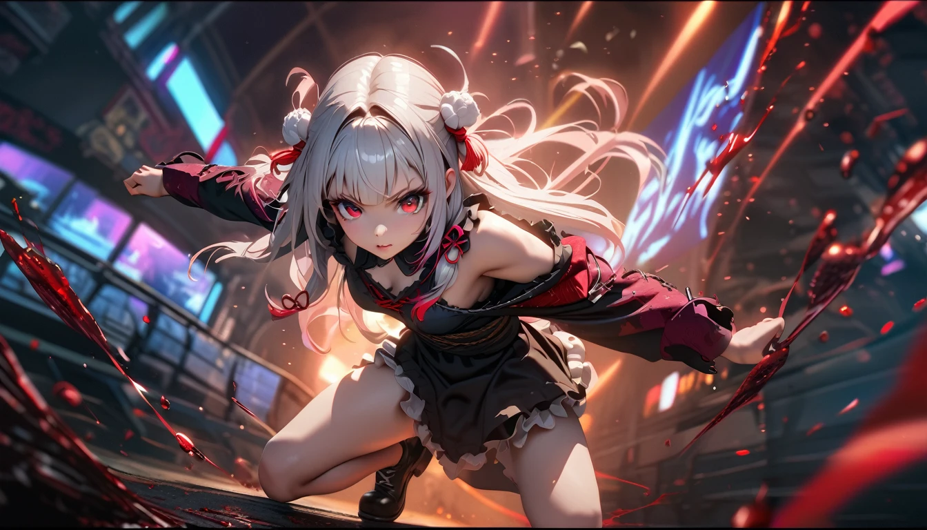 Nakiri Ayame,jumping、jumping、in the middle、Kung Fu、kick、dynamic、acrobatic、Esbian full body、crosses、Gothic Punk、Longhair、double-tailed、wild hair、long、blunt bangs、gasped ( silly / sexual ecstasy)、Dead Body、Blood everywhere、blood spatter、Dark shade、red tint、maid、green hair、completely naked, Photorealistic, depth of field, ultra detailed, detailed face, very precise eyes))), dynamic action pose(Masterpiece), (Anime Style), (Super Detailed), (Brutal), (UHD, HDR), (8K), (High Resolution: 1.2), (Complex and Beautiful: 1.2), (Dramatic Lighting: 1.2) , (staring at the viewer), lora:add_detail:1, female necromancer, flowing white hair, detailed red eyes, skelet, Tomohiko Ito style