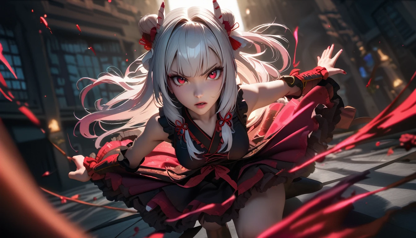 Nakiri Ayame,jumping、jumping、in the middle、Kung Fu、kick、dynamic、acrobatic、Esbian full body、crosses、Gothic Punk、Longhair、double-tailed、wild hair、long、Blunt bangs、gasped ( silly / sexual ecstasy)、Dead Body、Blood everywhere、blood spatter、Dark shade、red tint、maid、green hair、completely naked, Photorealistic, depth of field, ultra detailed, detailed face, very precise eyes))), dynamic action pose(Masterpiece), (Anime Style), (Super Detailed), (brutal), (uhd, HDR), (8K), (High Resolution: 1.2), (Complex and Beautiful: 1.2), (Dramatic Lighting: 1.2) , (staring at the viewer), lora:add_detail:1, female necromancer, flowing white hair, detailed red eyes, skelet, Tomohiko Ito style