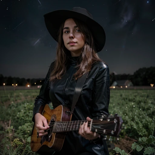 Kale, beautiful girl, cowboy hat, funny fingers, high resolution, in a skin-tight black outfit, natta, starry dark sky, play guitar, field with lights, hyper detail, dramatic lighting, fully body, farm, farm, with animals.