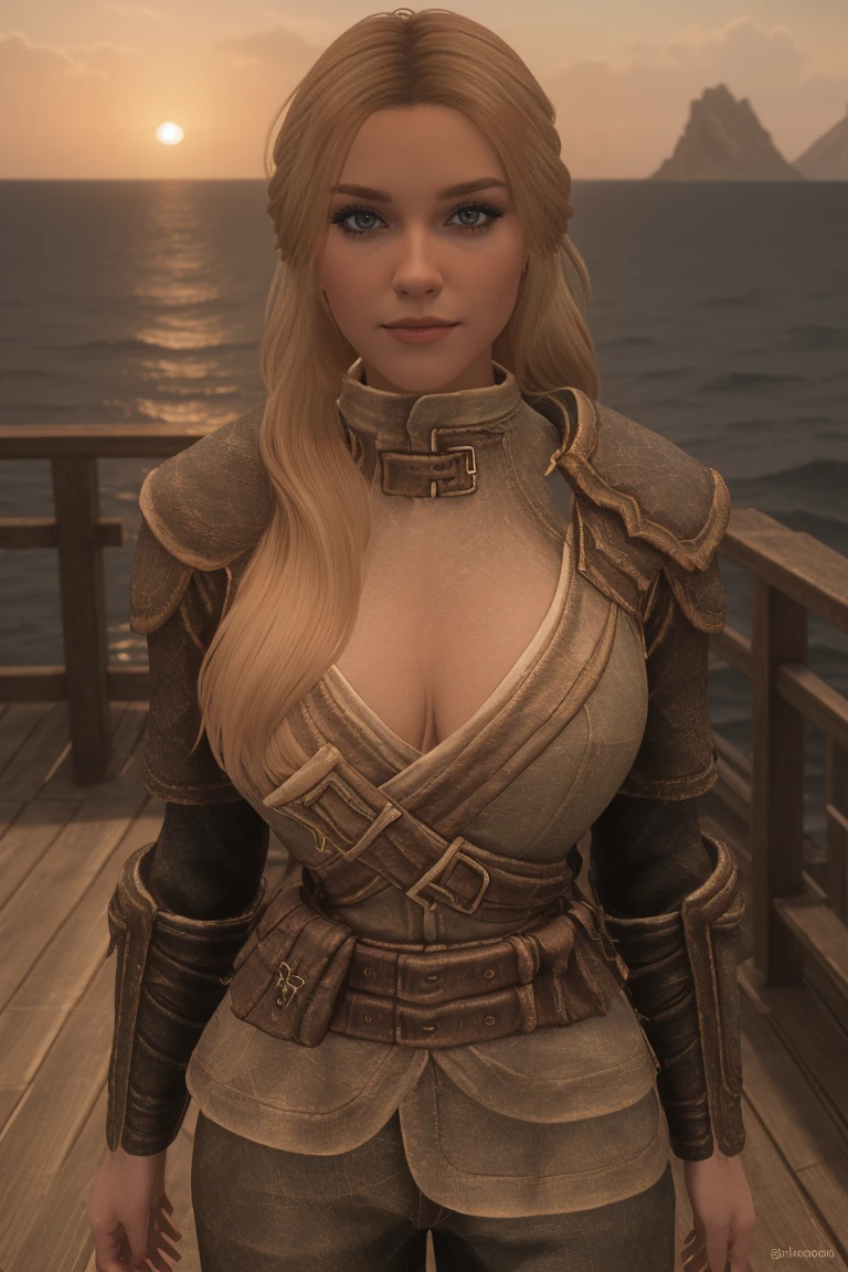 closeup shot of a stunning female Breton maiden stands poised on the weathered deck of a majestic ship at sunset in Skyrim. Her porcelain skin glows softly, illuminated by the warm rays of the rising sun. Delicate features and raven tresses frame her enigmatic smile as she gazes out to sea, the wind gently tousling her locks, blonde hair,female breton