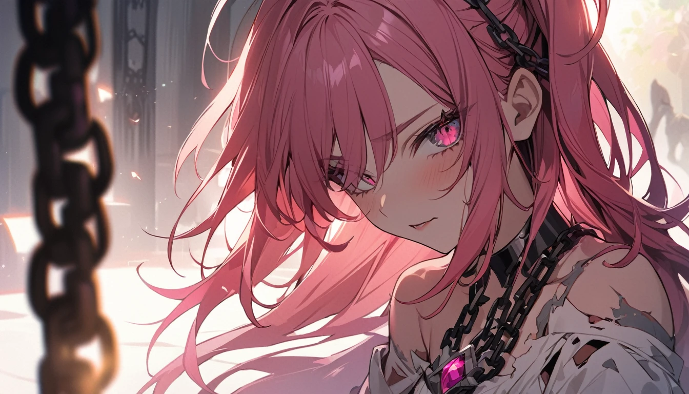 1 girl, Morgiana, One, pink eyes, pink hair, one side up, BREAK white dress, clavicle, upper body, close-up, BREAK check_9, check_8_up, check_7_up, check_6_up, Anime, 1 girl, Morgiana, One, pink eyes, pink hair, masterpiece, Best quality, 1 girl, Morgianaрабыня, cowboy shot, torn dress, filthy, Red eyes, одна сторона up, Red hair, chains (high quality, detailed, Beautiful), brilliant, detailed Beautiful eyes, outstanding, shading, detailed soft lighting, backlight,((full length))