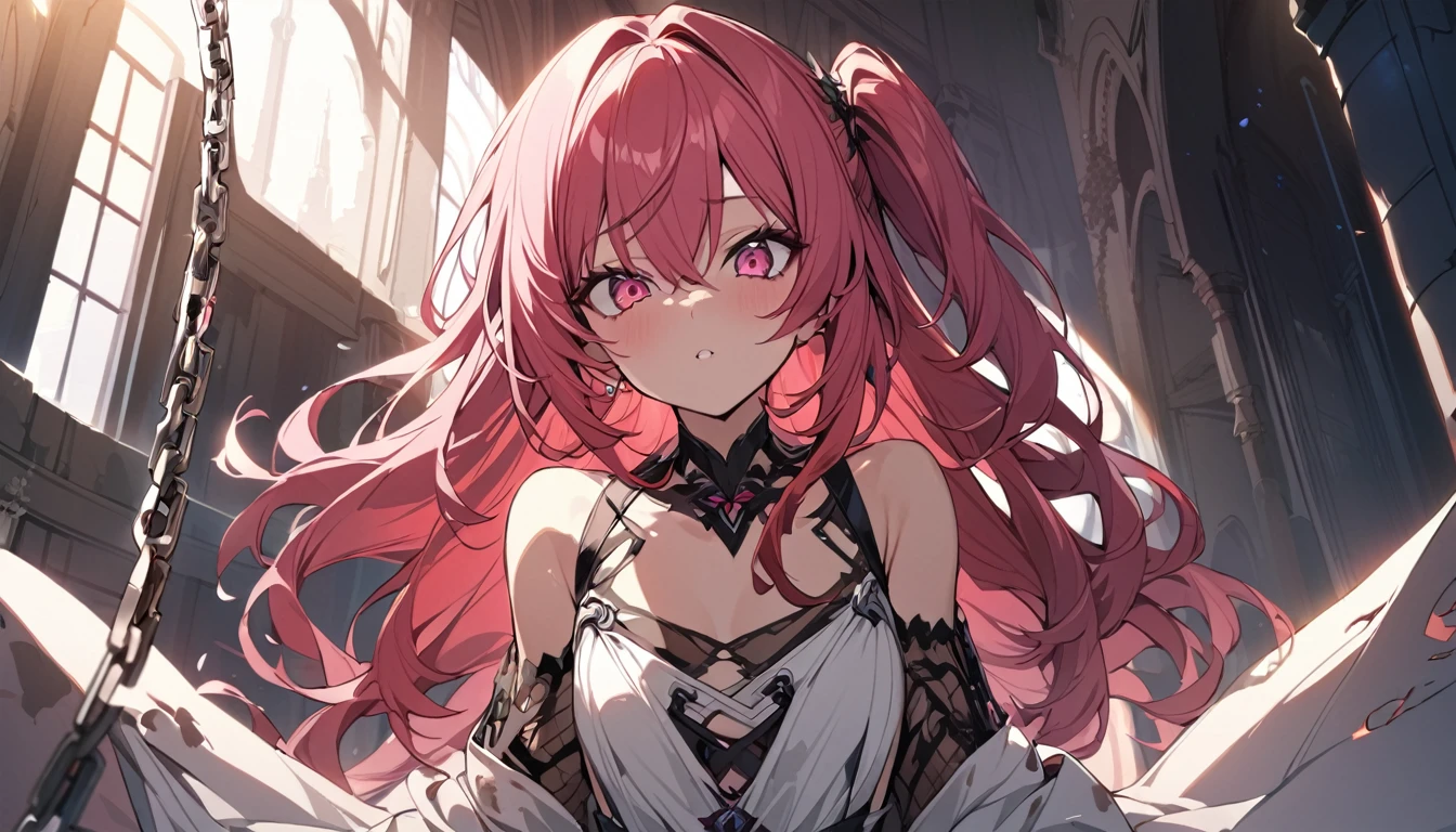 1 girl, Morgiana, One, pink eyes, pink hair, one side up, BREAK white dress, clavicle, upper body, close-up, BREAK check_9, check_8_up, check_7_up, check_6_up, Anime, 1 girl, Morgiana, One, pink eyes, pink hair, masterpiece, Best quality, 1 girl, Morgianaрабыня, cowboy shot, torn dress, filthy, Red eyes, одна сторона up, Red hair, chains (high quality, detailed, Beautiful), brilliant, detailed Beautiful eyes, outstanding, shading, detailed soft lighting, backlight,((full length))