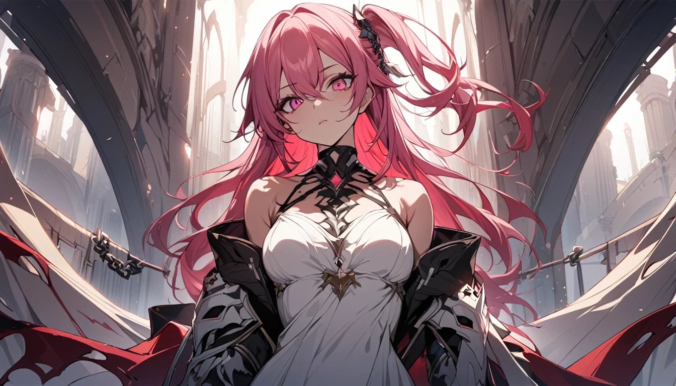 1 girl, Morgiana, One, pink eyes, pink hair, one side up, BREAK white dress, clavicle, upper body, close-up, BREAK check_9, check_8_up, check_7_up, check_6_up, Anime, 1 girl, Morgiana, One, pink eyes, pink hair, masterpiece, Best quality, 1 girl, Morgianaрабыня, cowboy shot, torn dress, filthy, Red eyes, одна сторона up, Red hair, chains (high quality, detailed, Beautiful), brilliant, detailed Beautiful eyes, outstanding, shading, detailed soft lighting, backlight,((full length))