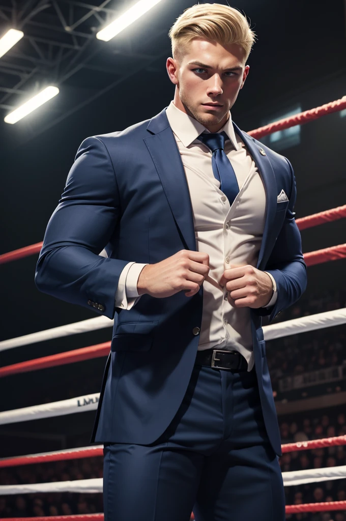 Extreme muscle, very strong, 25 year old man from Kentucky, short blonde hair, clean cut, baseball player, wearing business suit, in a professional wrestling ring