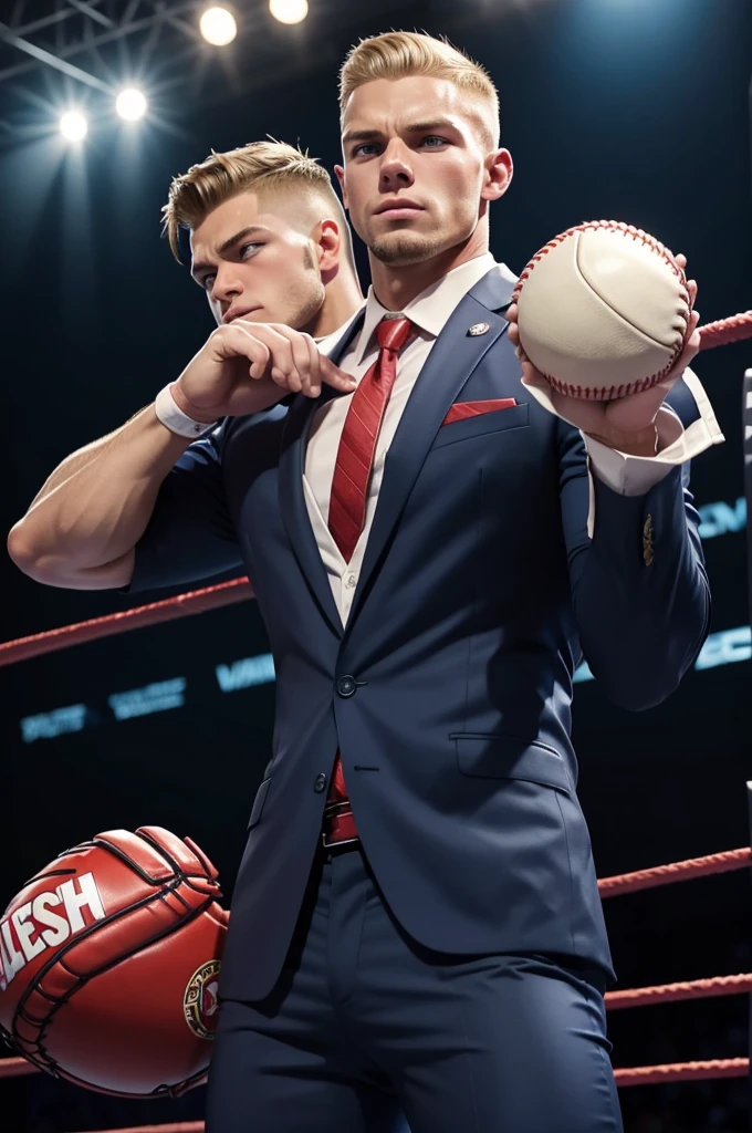 Extreme muscle, very strong, 25 year old man from Kentucky, short blonde hair, clean cut, baseball player, wearing business suit, in a professional wrestling ring
