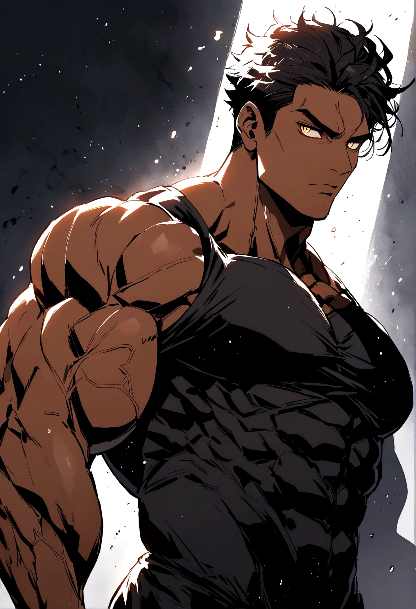 Strong muscular man, golden eyes with a sharp and cold look. Messy black hair dark skin.