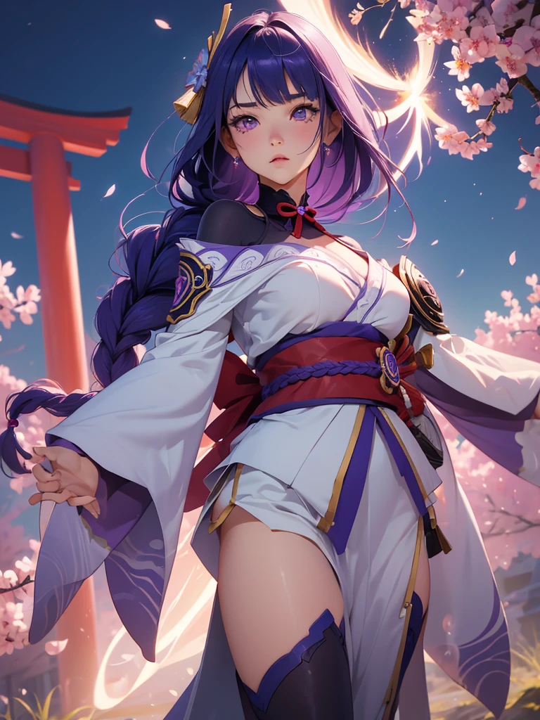 ((Full body image:1.4))Japanese Shrines, (Highest quality,Realistic,masterpiece:1.2,8k wallpaper:1.2),((Pale skin)),One Girl,women only,((Genshin Impact_Impact,General Raiden)),Lightning Particles,Purple Lightning,Light background,cherry blossoms,Purple Theme,Delicate facial features,Sexy and beautiful anime girls,General Raiden,Long purple hair,Rosy lips,Anime Mouth,shut up.,(Very sad face),fine grain,Big breast type,