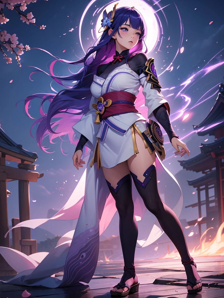 ((Full body image:1.4))Japanese Shrines, (Highest quality，Realistic,masterpiece:1.2，8k wallpaper:1.2)，((Pale skin))，One Girl，women only，((Genshin Impact_Impact，General Raiden))，Lightning Particles，Purple Lightning，Light background，cherry blossoms，Purple Theme，Delicate facial features，Sexy and beautiful anime girls，General Raiden，Long purple hair，Rosy lips，Anime Mouth，shut up.，(Very sad face)，fine grain，Big breast type，
