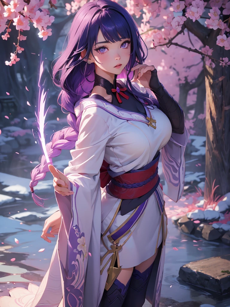 ((Full body image:1.4))Japanese Shrines, (Highest quality，Realistic,masterpiece:1.2，8k wallpaper:1.2)，((Pale skin))，One Girl，women only，((Genshin Impact_Impact，General Raiden))，Lightning Particles，Purple Lightning，Light background，cherry blossoms，Purple Theme，Delicate facial features，Sexy and beautiful anime girls，General Raiden，Long purple hair，Rosy lips，Anime Mouth，shut up.，(Very sad face)，fine grain，Big breast type，
