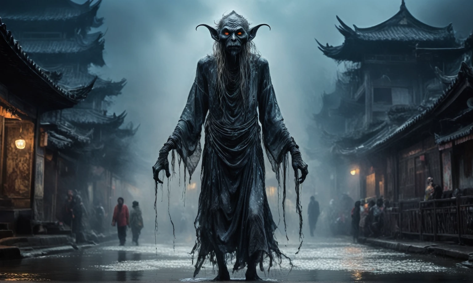 full body length shot,beggar graphite Manganite sparas, wants eat,survival in Korean city of future,Cinematic,soft colors, Technicolor,natural skin textures, hyper realism, hyper detailed,Extremely detailed,High contrast,Masterpiece,Realistic,Ultra Detailed, intricate details,realistic humid leather,extremely intricate,Epic Realistic, cinematic style,irina yermolova,high contrast,hdr,extremely detailed, [deep night landscape],masterpiece,intricate details,faded,eyes extremely detailed, high detailed eyes,16k resolution,RAW,retina, Nikon Z9,China,Songbird,orc,Li River in Guangxi Zhuang of China,tkt style, Pisces, pointed ears，perfect, ginger，transition between two art styles, Ink painting to photorealism, Double contact, X-ray, Creative, vivid light, masterpiece, fantasy, Abstract, Surrealism, super detailed, high resolution, stop:35,(((creature with a spectral and ghostly appearance)). Her skin is pale, almost translucent.strange wears dark, torn clothes that float around him, as if permeated by an aura of mourning. Its appearance is complemented by details such symbols of  gothic elements, further emphasizing its dark air. is portrayed as a haunted and tormented entity,{creature}