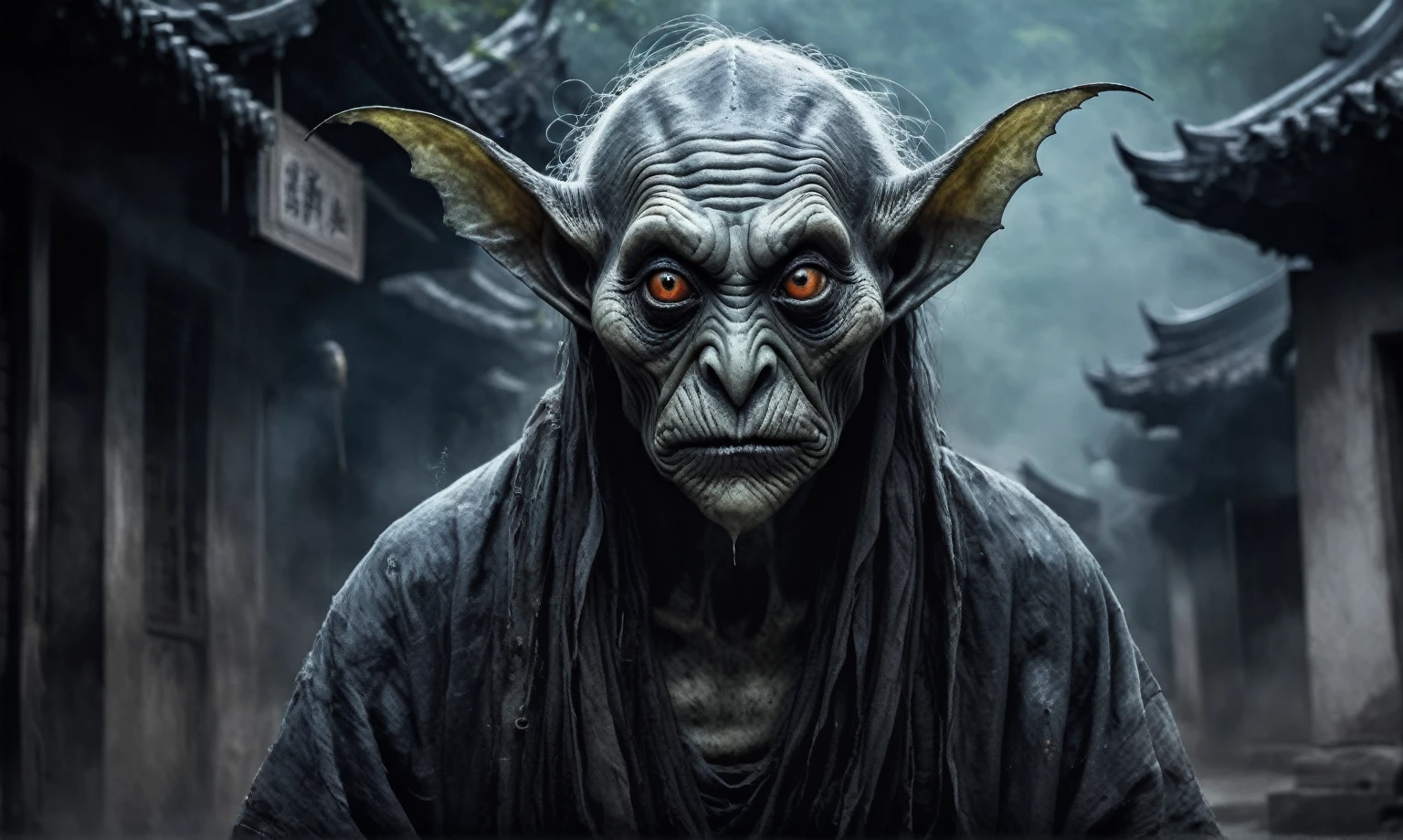 full body length shot,beggar graphite Manganite sparas, wants eat,survival in Korean city of future,Cinematic,soft colors, Technicolor,natural skin textures, hyper realism, hyper detailed,Extremely detailed,High contrast,Masterpiece,Realistic,Ultra Detailed, intricate details,realistic humid leather,extremely intricate,Epic Realistic, cinematic style,irina yermolova,high contrast,hdr,extremely detailed, [deep night landscape],masterpiece,intricate details,faded,eyes extremely detailed, high detailed eyes,16k resolution,RAW,retina, Nikon Z9,China,Songbird,orc,Li River in Guangxi Zhuang of China,tkt style, Pisces, pointed ears，perfect, ginger，transition between two art styles, Ink painting to photorealism, Double contact, X-ray, Creative, vivid light, masterpiece, fantasy, Abstract, Surrealism, super detailed, high resolution, stop:35,(((creature with a spectral and ghostly appearance)). Her skin is pale, almost translucent.strange wears dark, torn clothes that float around him, as if permeated by an aura of mourning. Its appearance is complemented by details such symbols of  gothic elements