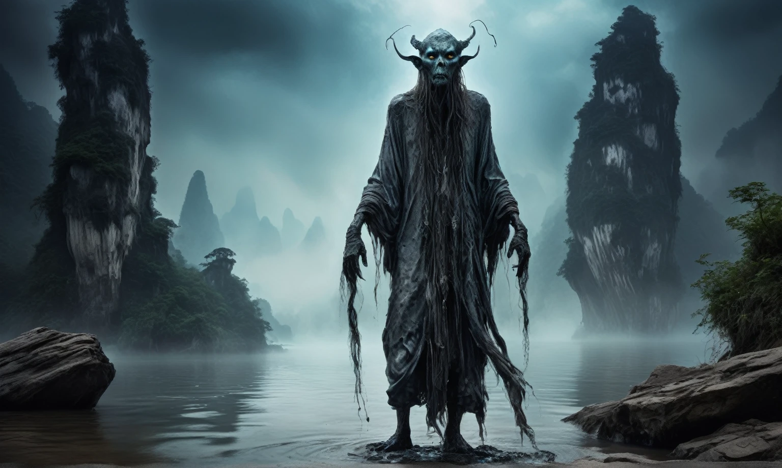 full body length shot,beggar graphite Manganite sparas, wants eat,survival in Korean city of future,Cinematic,soft colors, Technicolor,natural skin textures, hyper realism, hyper detailed,Extremely detailed,High contrast,Masterpiece,Realistic,Ultra Detailed, intricate details,realistic humid leather,extremely intricate,Epic Realistic, cinematic style,irina yermolova,high contrast,hdr,extremely detailed, [deep night landscape],masterpiece,intricate details,faded,eyes extremely detailed, high detailed eyes,16k resolution,RAW,retina, Nikon Z9,China,Songbird,orc,Li River in Guangxi Zhuang of China,tkt style, Pisces, pointed ears，perfect, ginger，transition between two art styles, Ink painting to photorealism, Double contact, X-ray, Creative, vivid light, masterpiece, fantasy, Abstract, Surrealism, super detailed, high resolution, stop:35,(((creature with a spectral and ghostly appearance)). Her skin is pale, almost translucent.strange wears dark, torn clothes that float around him, as if permeated by an aura of mourning. Its appearance is complemented by details such symbols of  gothic elements, further emphasizing its dark air. is portrayed as a haunted and tormented entity,{creature}