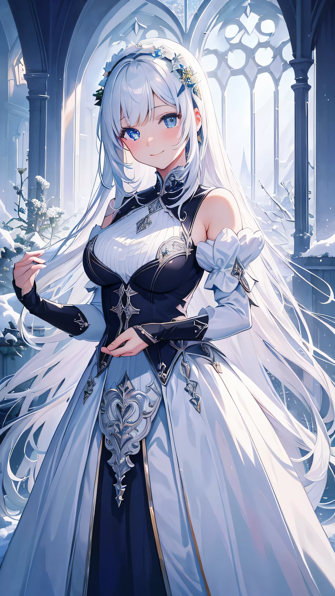 Galanthus nivalis (common snowdrop)  themed artwork, ((Highest quality)), High resolution, 8K, Cinematic Light, High Contrast, Written boundary depth、smile、sharp、beautiful, Strong brilliance, Detailed Background, One Girl, cute, fine grain, Shining Eyes, Detailed Iris、 snowy moonlit night、gothic lolita dress、
