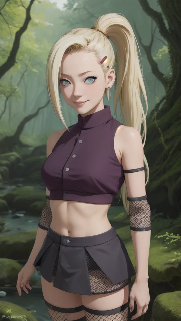 (masterpiece, Highest quality:1.2), alone, One girl, yamanaka ino, smile, View your viewers, Hair on one eye, ponytail, Hair Clip, Crop top, No sleeve, skirt, Fishnet tights, Earrings, abdomen, forest 