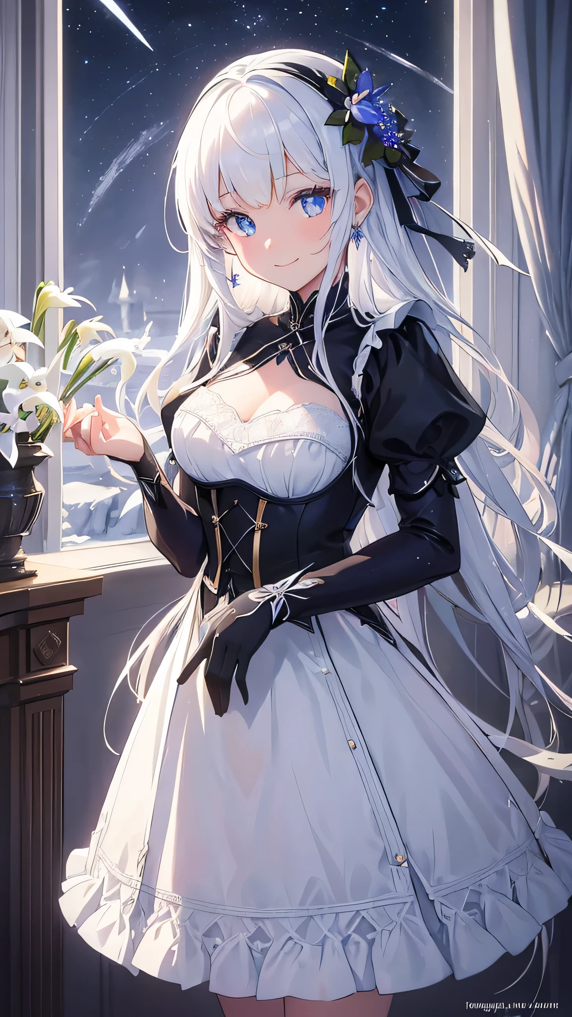 Galanthus nivalis (common snowdrop)  themed artwork, ((Highest quality)), High resolution, 8K, Cinematic Light, High Contrast, Written boundary depth、smile、sharp、beautiful, Strong brilliance, Detailed Background, One Girl, cute, fine grain, Shining Eyes, Detailed Iris、 snowy moonlit night、gothic lolita dress、