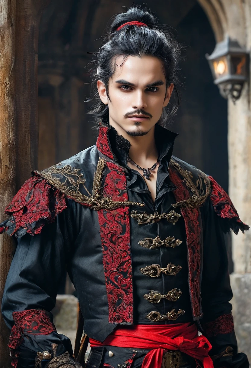 a gothic male bard, black and red detailed clothing