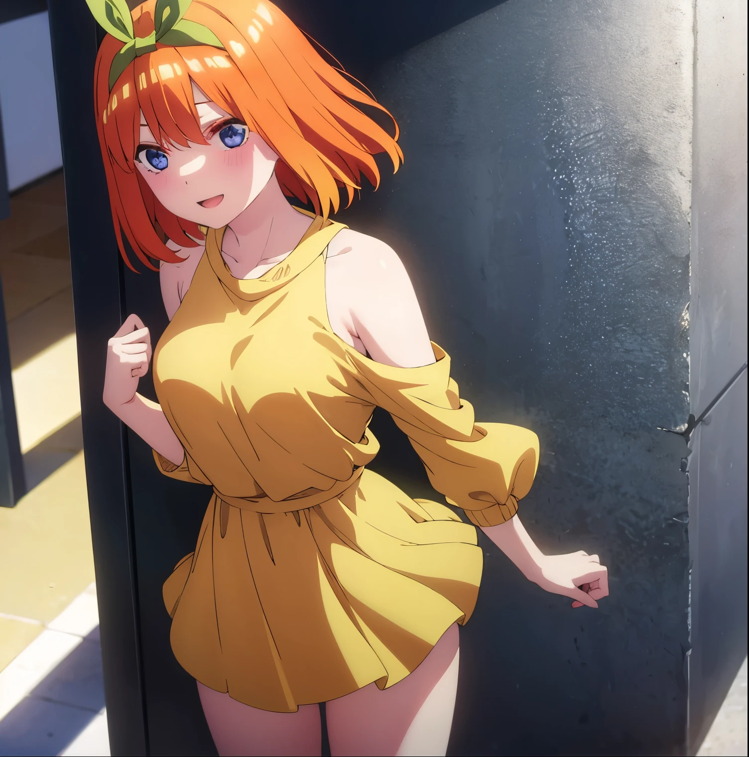 1girl,alone,yotsuba nakano,masterpiece,detailed,cowboy photo,looking at viewer,best quality,high resolution,good lighting,Dynamic posture,curvy body,short hair,orange hair,headband,green ribbon,headband,green bow , sweater dress, ((dull yellow sweater dress)), openwork dress,((bare shoulders)),((bare legs)), black sneakers, smile, ((1girl)),((only)), outdoor, street , Japanese city, big breasts, medium waist, wide hips, medium thighs, round butt, standing, facing forward, focus on breasts, pov (from the middle), perfect anatomy, perfect hands