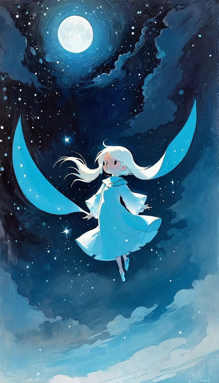 ghost,magic, fantastic, night sky, moon, stars, background (art inspired in Skottie Young and Bill Sienkiewicz). oil painting)