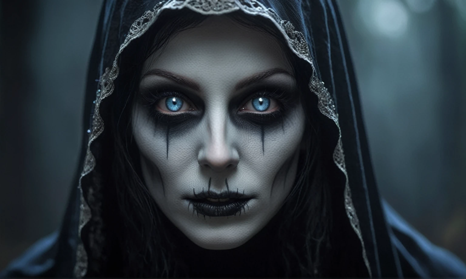 (((creature with a spectral and ghostly appearance)). Her skin is pale, almost translucent. His eyes shine with a bluish glow, he wears dark, torn clothes that float around him, as if permeated by an aura of mourning. Its appearance is complemented by details such symbols of mourning and gothic elements, further emphasizing its dark air. is portrayed as a haunted and tormented entity,{creature},face pretty face,extremely detailed,intricate details,eyes extremely detailed, high detailed eyes,16k resolution, realistic humid skin,extremely intricate details,Epic Realistic,face anatomically correct,Ultra HD,HDR, natural skin textures, hyper realism,realistic skin texture, hyper detailed,extremely Realism,Ultra Detailed,body logically correct