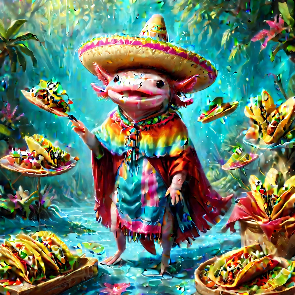 (masterpiece:1.5)  axomdel2, A happy axolotl wearing sombrero and poncho, with details of tacos EyeDetail-SDXL, fFaceDetail-SDXL, fHandDetail-SDXL, HairDetail-SDXL