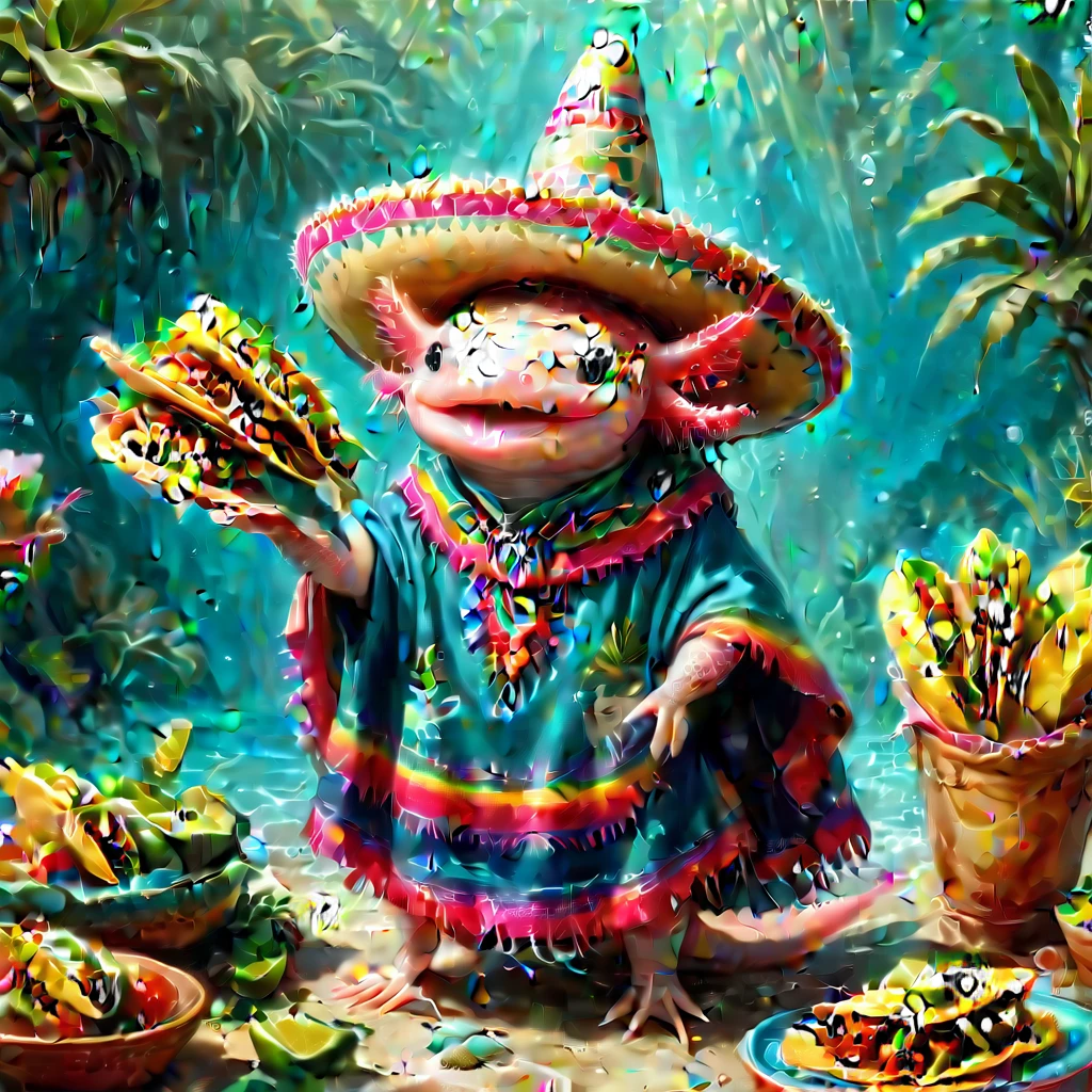 (masterpiece:1.5)  axomdel2, A happy axolotl wearing sombrero and poncho, with details of tacos EyeDetail-SDXL, fFaceDetail-SDXL, fHandDetail-SDXL, HairDetail-SDXL