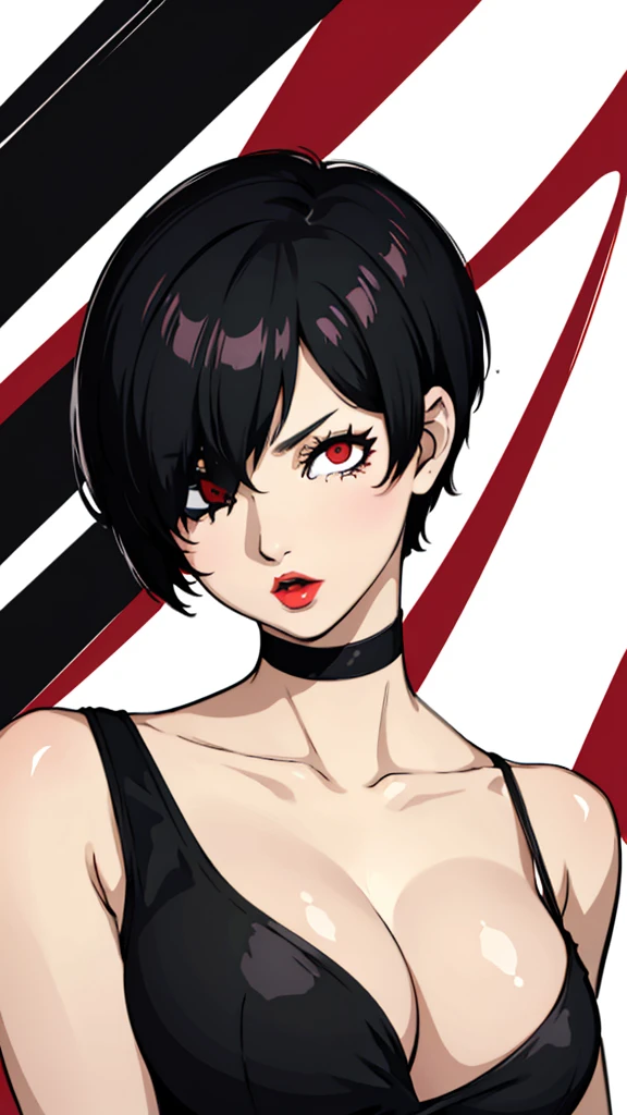 1 girl, milf, Red eyes, very Short hair, hair over one eye, black choker, lipstick, Sheyla face, black hair, tomboy Pixie haircut, tomboy Pixie haircut, bandeau, huge breast, face portrait, ahegao face