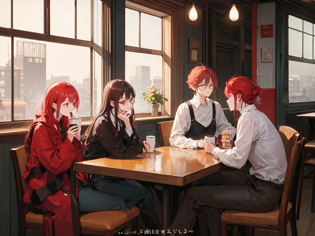4People are chatting happily while drinking coffee. There is a slightly melancholic atmosphere.
1Person is a red-haired woman
3The people are men, one of whom is around 28 years old and wearing glasses with a starry sky visible through the window.