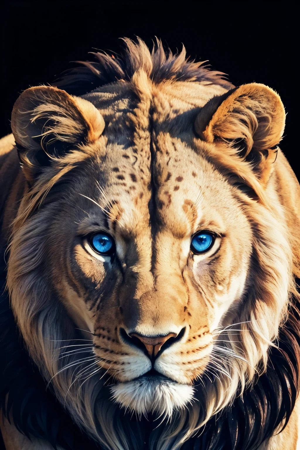 ((best qualityer)), ((work of art)), (detailded), 1 lion with blue eyes and a black background