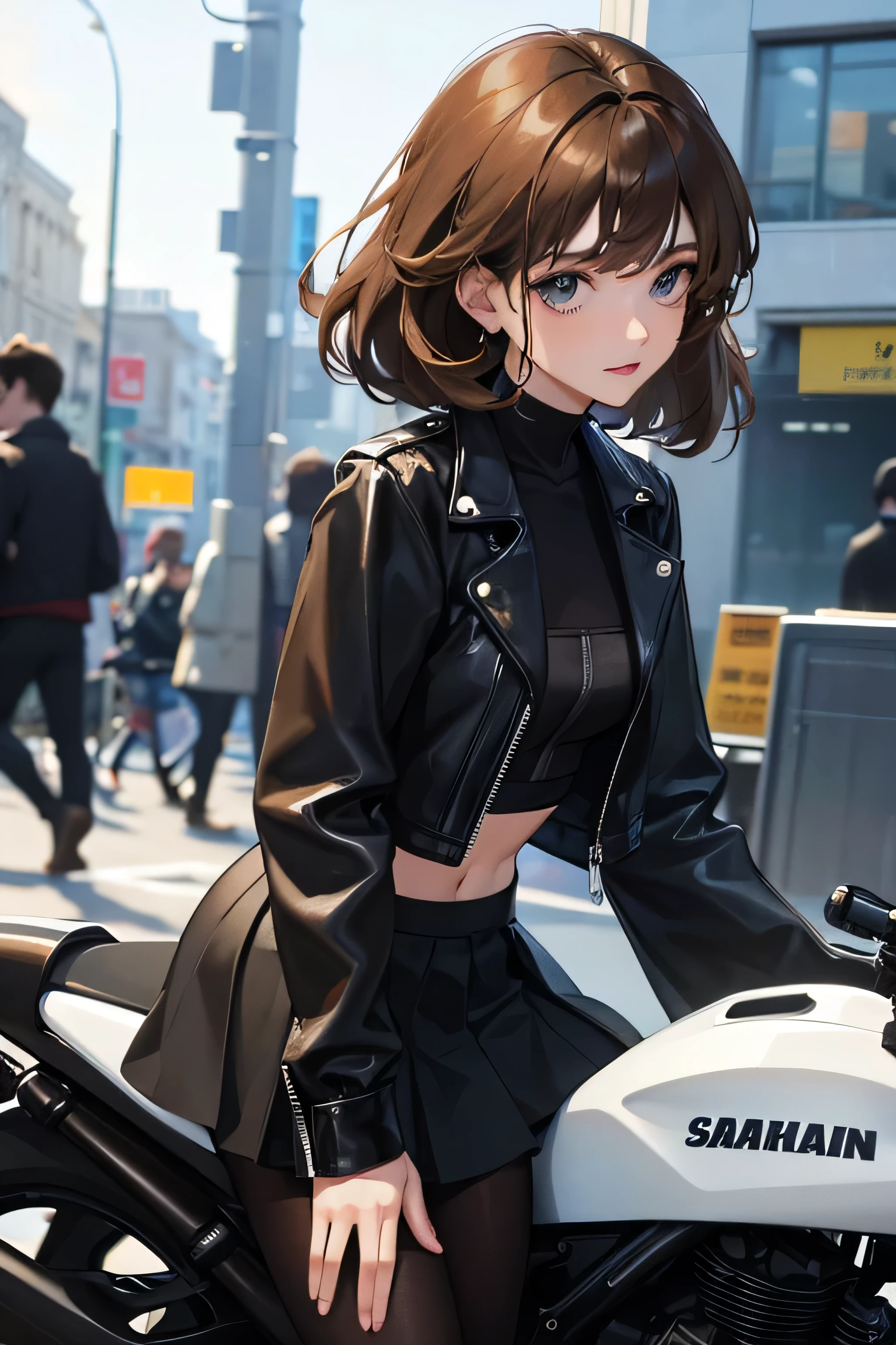 A girl with light brown hair, jokes, blue eyes, black clothes, black skirt, posed on a motorcycle with a black-haired boy, black clothes, little beard, messy hair