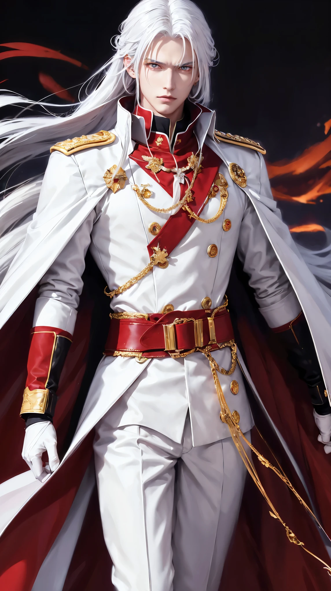 A man Long, straight white hair Piercing red eyes wearing an impeccable white military uniform with gold details with a flowing red cape draping the shoulders with a golden belt at the waist with white gloves on the hands completely Serious and confident and Slightly arrogant that conveys an aura of power and authority