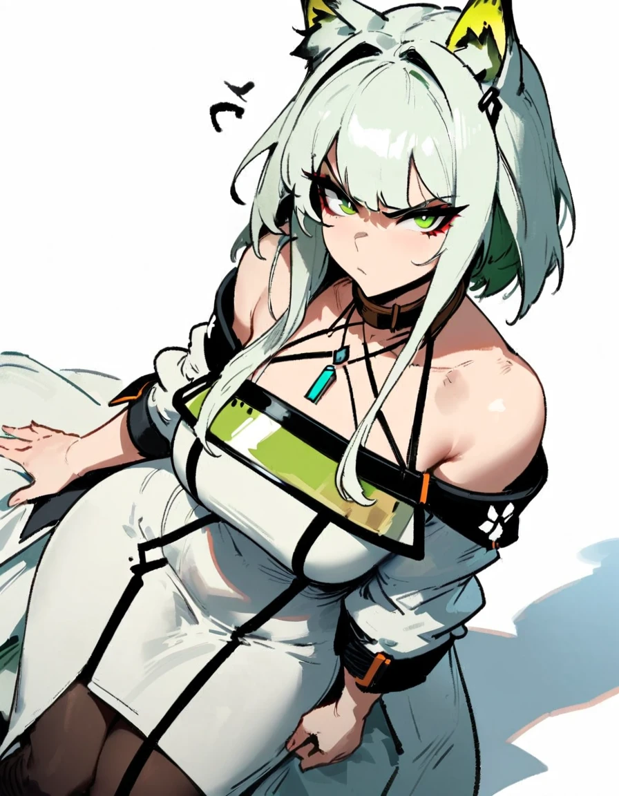 1girl, kal'tsit \(arknights\), arknights \\\\\ masterpiece, best quality, very aesthetic, absurdres, newest \\\\\\ slim body,///// ,by nyantcha,cutesexyrobutts , by khyle,,////// ,,,, , ,,detailed face, , ,, , , , , beautiful face, (white background:1.2), , sexy, , serious.angry, green eyes, animal ears, , ,,,big tits,), in the center of the frame,,, ,wears a lab coat, ,full body , solo