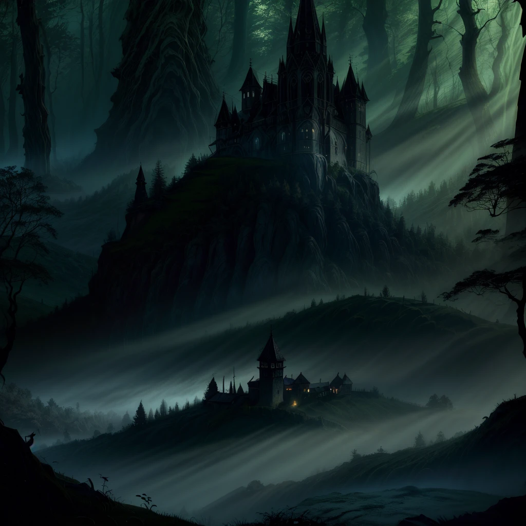 realistic dark oil painting of a medieval village at sunrise, mossy, mist, foggy, shadows, misterious, mithical, dark, rays of light shines trough the woods, ambient, depth of field, volumetric lighting, cinematic lighting, moody, heavy darkness, black sky, low angle perspective, by Eyvind Earle